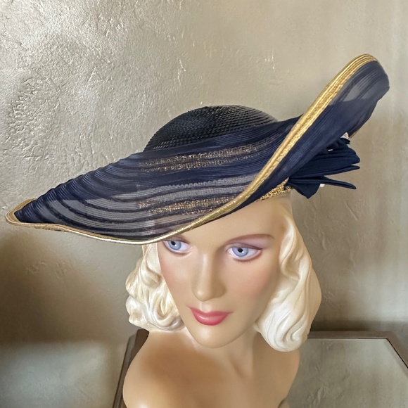 FAMOUS DESIGNER 1970s\' NAVY, WHITE & GOLD WIDE BRIM HAT + NAVY SEQUINS main image 4